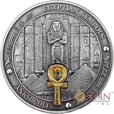 Palau ANKH Silver coin EGYPTIAN SYMBOLS series $20 Antique finish 2014 Gold plated High Relief 3 oz